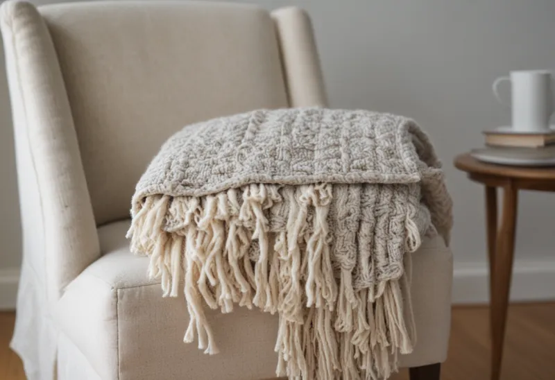 A folded wool blanket resting over the arm of an empty armchair