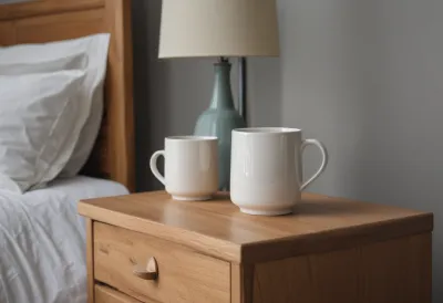 A plain ceramic mug on a wooden bedside table in a quiet bedroom.