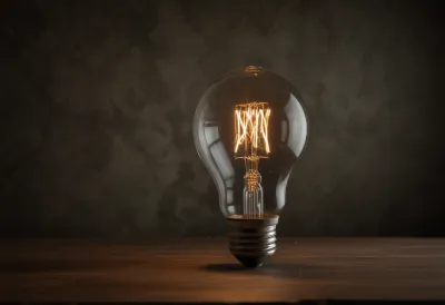 A clear incandescent light bulb standing upright on a bare table.