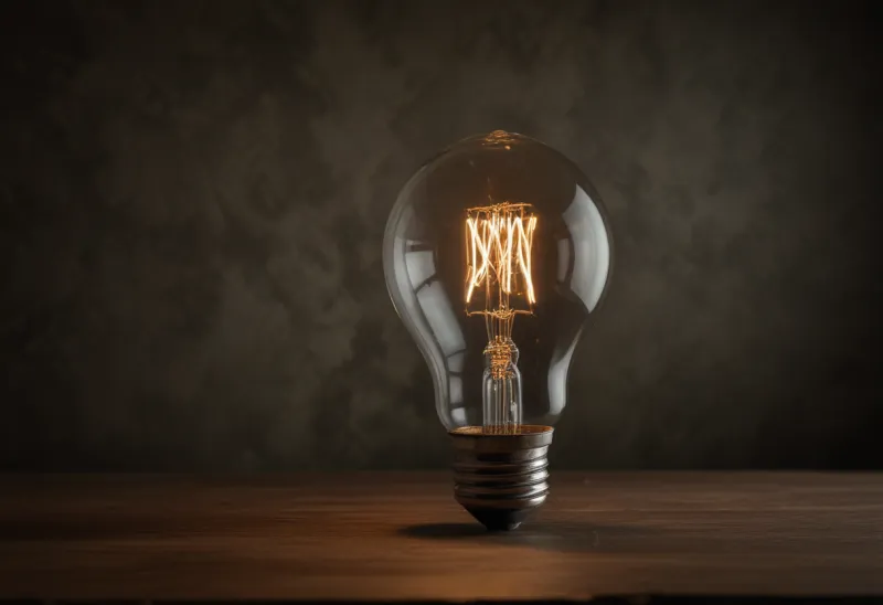 A clear incandescent light bulb standing upright on a bare table.