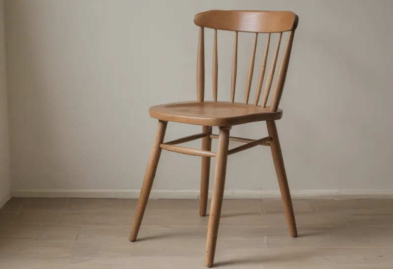 A plain wooden kitchen chair in a bare room.