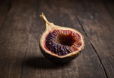 A single dried fig on a wooden table.