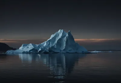 A single iceberg with only its small tip showing above dark still water, its great mass submerged below the surface at cold twilight
