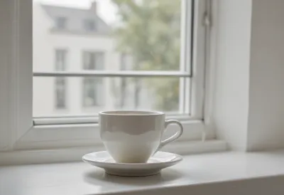 A single empty ceramic coffee cup on its saucer on a windowsill.