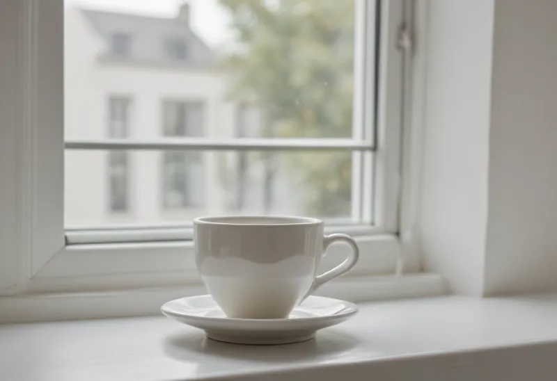 A single empty ceramic coffee cup on its saucer on a windowsill.