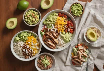 Burrito bowl photographed from above with its ingredients laid out beside it in different portion sizes