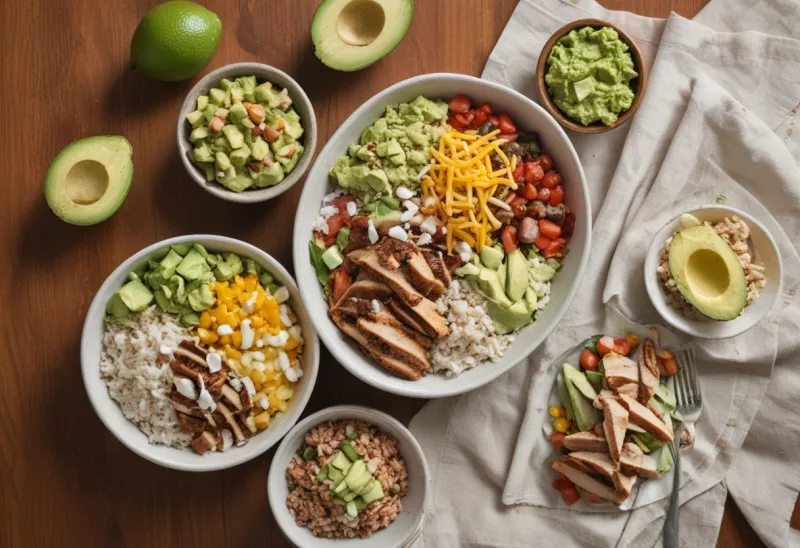 Burrito bowl photographed from above with its ingredients laid out beside it in different portion sizes