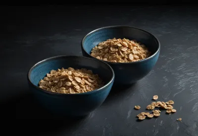 Two identical bowls of oatmeal side by side on dark slate, one lit in warm gold light and the other in cool blue light