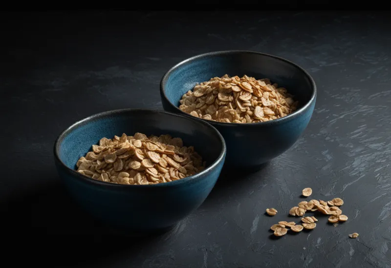 Two identical bowls of oatmeal side by side on dark slate, one lit in warm gold light and the other in cool blue light