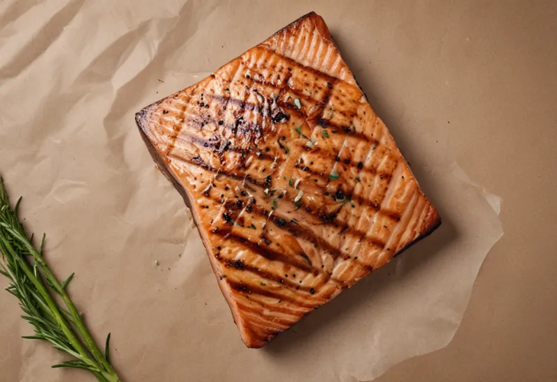 A grilled salmon fillet on white butcher paper on a wooden board.