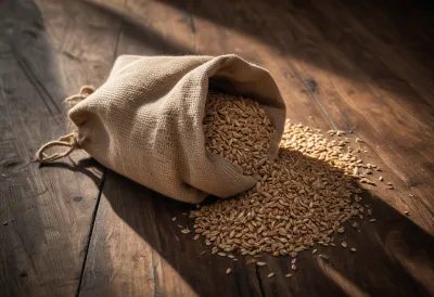A burlap sack of dry grain on a wooden floor.