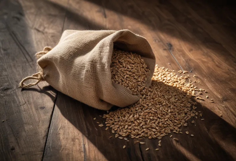A burlap sack of dry grain on a wooden floor.