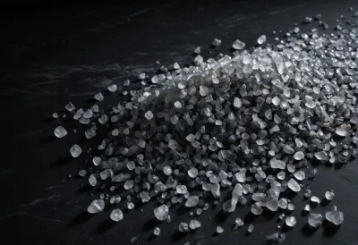 A small heap of coarse sea-salt crystals spilled across dark slate, single grains catching a hard sidelight against deep shadow