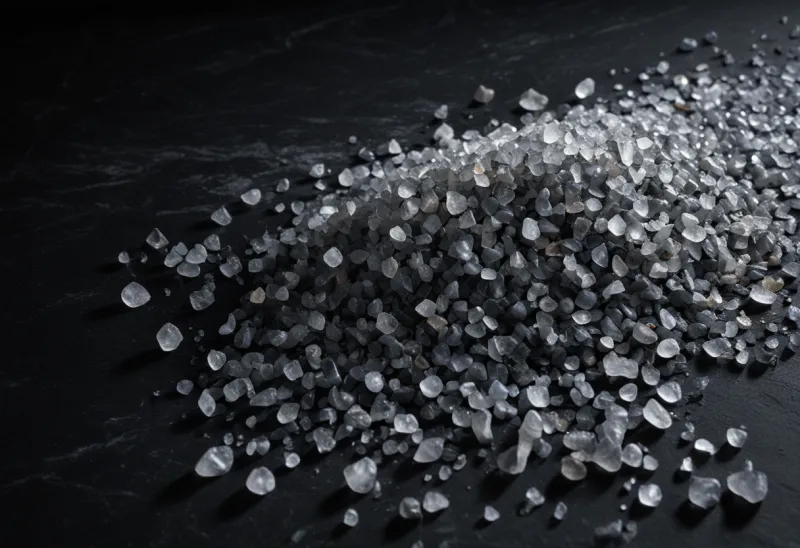 A small heap of coarse sea-salt crystals spilled across dark slate, single grains catching a hard sidelight against deep shadow